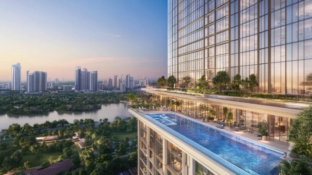 The rooftop pool at the riverside high-rise residential building